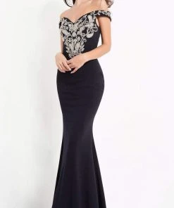 Jovani - 02576 Off Shoulder Paisley Motif Long Gown