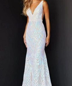 Jovani - 02753 Plunging Neck Open Back Sequin Embellished Mermaid Gown