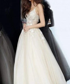 Jovani - 02758 Floral Applique Plunging V-neck Ballgown