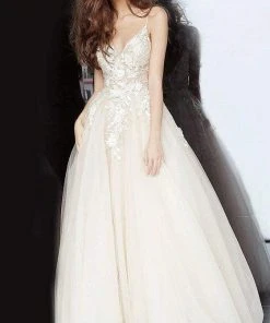 Jovani - 02758 Floral Applique Plunging V-neck Ballgown