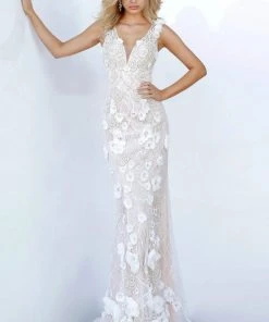 Jovani - 02773 Floral Appliqued Plunging V-Neck Dress