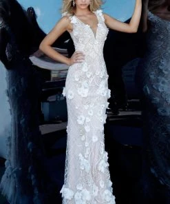 Jovani - 02773 Floral Appliqued Plunging V-Neck Dress