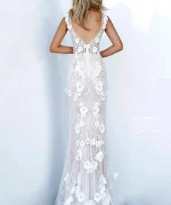 Jovani - 02773 Floral Appliqued Plunging V-Neck Dress