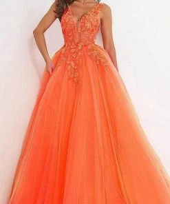 Jovani - 02840 Plunging Neck Floral Applique Tulle Ballgown 13 Jovani - 02840 Plunging Neck Floral Applique Tulle Ballgown