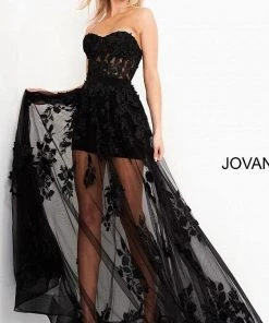Jovani - 02845 Floral Embellished Corset Bodice Sheer Overskirt Gown