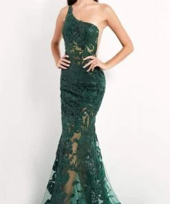 Jovani - 02895 One Shoulder Embellished Illusion Mermaid Gown