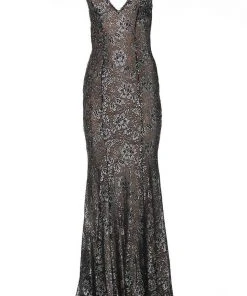 Jovani - 02906 Backless Metallic Lace Mermaid Gown