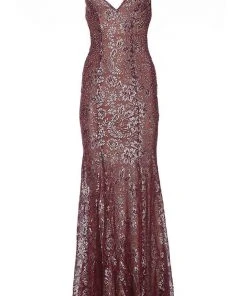 Jovani - 02906 Backless Metallic Lace Mermaid Gown