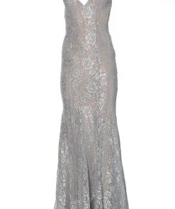 Jovani - 02906 Backless Metallic Lace Mermaid Gown