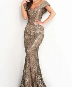 Jovani - 02920 Metallic Off Shoulder Long Gown