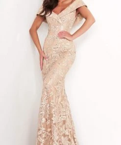 Jovani - 02923 Off Shoulder Embroidered Mermaid Gown
