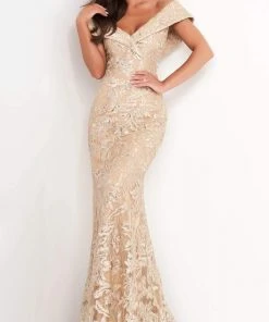Jovani - 02923 Off Shoulder Embroidered Mermaid Gown