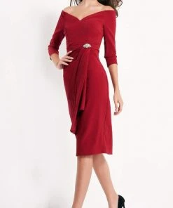 Jovani - 02949 Three Quarter Sleeve V-Neck Off Shoulder Cocktail Dress