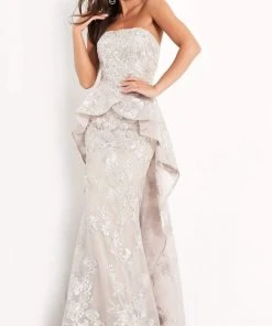 Jovani - 02966 Embroidered Cascading Peplum Gown