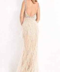 Jovani - 03023 Sheer Bodice Beaded Adorned Feather Fitted Evening Gown