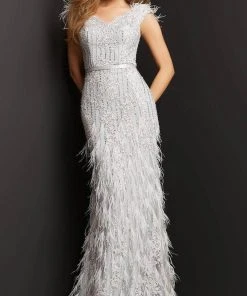 Jovani 03108 - V-Neck Feathered Evening Dress