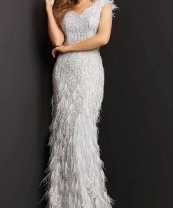 Jovani 03108 - V-Neck Feathered Evening Dress