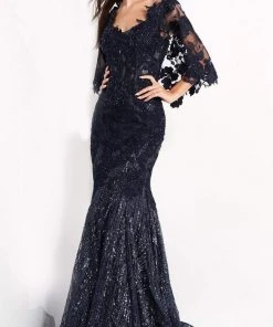 Jovani - 03158 Embroidered V Neck Trumpet Dress With Train