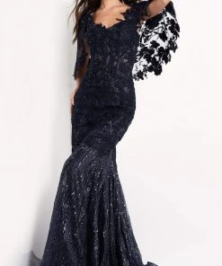 Jovani - 03158 Embroidered V Neck Trumpet Dress With Train 7 Jovani - 03158 Embroidered V Neck Trumpet Dress With Train