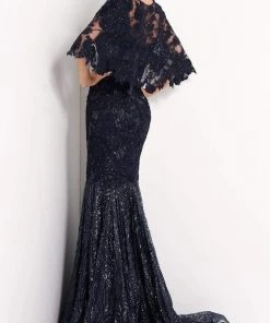 Jovani - 03158 Embroidered V Neck Trumpet Dress With Train