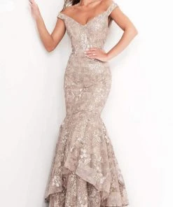 Jovani - 03264 Off Shoulder Sequined Lace Gown
