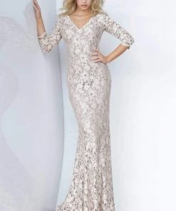 Jovani - 03350 Quarter Sleeve Lace Mermaid Dress