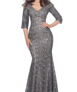 Jovani - 03426 Lace Wide V-Neck Trumpet Dress