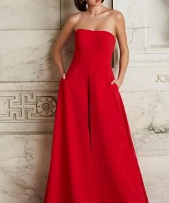 Jovani - 03529 Strapless Wide Leg Formal Evening Jumpsuit With Overlay