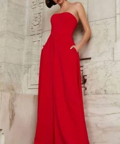 Jovani - 03529 Strapless Wide Leg Formal Evening Jumpsuit With Overlay