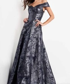 Jovani - 03674 Metallic Off Shoulder A-Line Gown