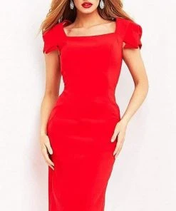 Jovani - 03808 Square Neck Simple Midi Dress