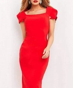 Jovani - 03808 Square Neck Simple Midi Dress