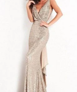 Jovani - 03854 Sequined Deep V Neck Sheath Dress