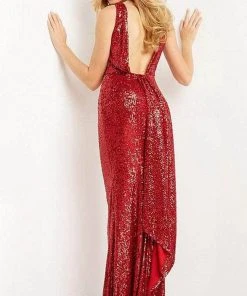 Jovani - 03854 Sequined Deep V Neck Sheath Dress