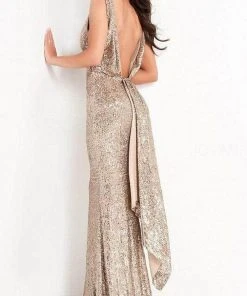 Jovani - 03854 Sequined Deep V Neck Sheath Dress