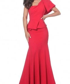 Jovani - 03856 Bow Accent One Shoulder Peplum Waist Mermaid Gown