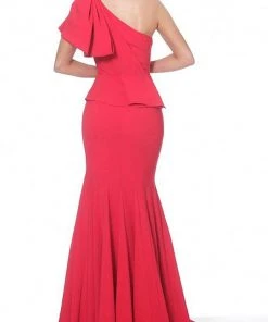 Jovani - 03856 Bow Accent One Shoulder Peplum Waist Mermaid Gown