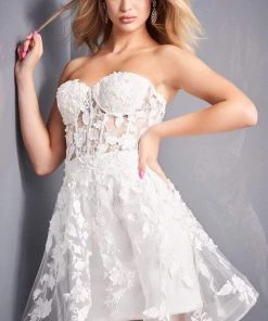 Jovani - 04109 Floral Appliques Illusion Corset Fit And Flare Dress