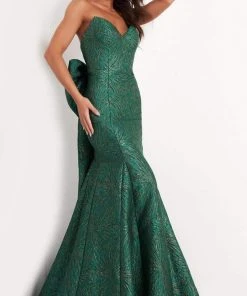 Jovani - 04158 Strapless Bow Accent Open Back Jacquard Evening Dress