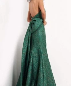 Jovani - 04158 Strapless Bow Accent Open Back Jacquard Evening Dress