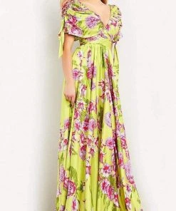 Jovani - 04176 Ruched Sleeve Printed Flowy Dress