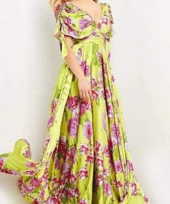 Jovani - 04176 Ruched Sleeve Printed Flowy Dress