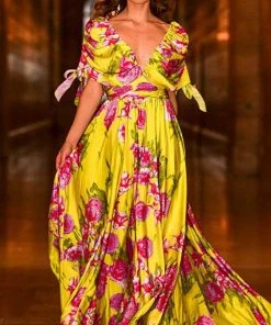 Jovani - 04176 Ruched Sleeve Printed Flowy Dress