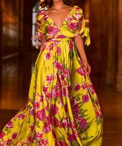 Jovani - 04176 Ruched Sleeve Printed Flowy Dress