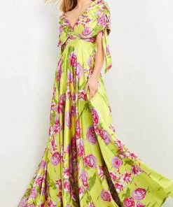 Jovani - 04176 Ruched Sleeve Printed Flowy Dress