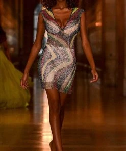 Jovani - 04339 Short Sleeve Plunging V-Neck Beaded Dress