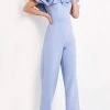 Jovani - 04369 Bubble Ruffle Off-Shoulder Scuba Jumpsuit