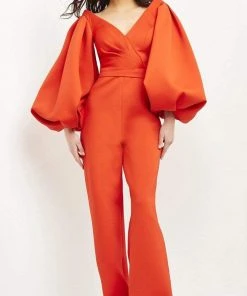 Jovani - 04372 V-Neck Stretch Scuba Bubble Sleeve Jumpsuit
