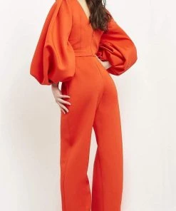 Jovani - 04372 V-Neck Stretch Scuba Bubble Sleeve Jumpsuit