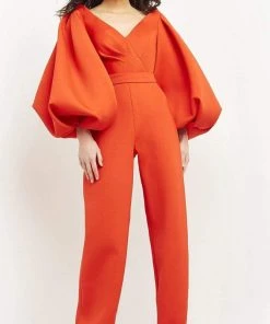 Jovani - 04372 V-Neck Stretch Scuba Bubble Sleeve Jumpsuit